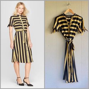 Who What Wear Target Belted Satin Twill Yellow Stripe Midi Shirt Dress XS